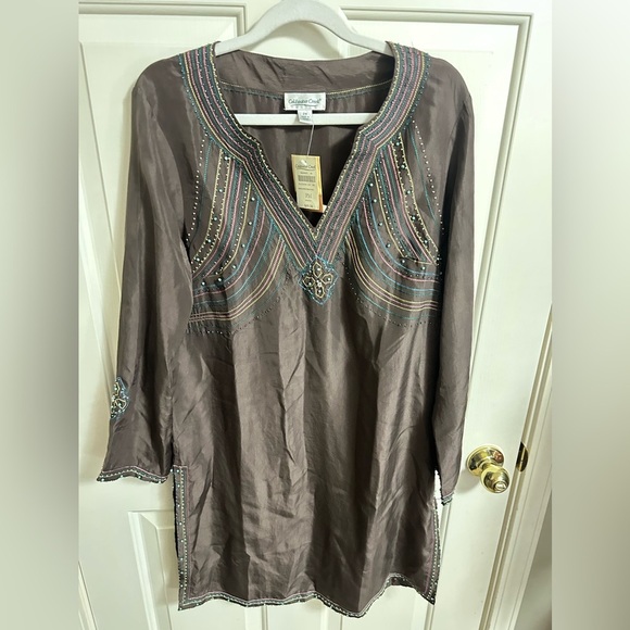 Coldwater Creek Brown 100% Silk Embellished Beaded Trim Tunic Top Size MP - Picture 1 of 7